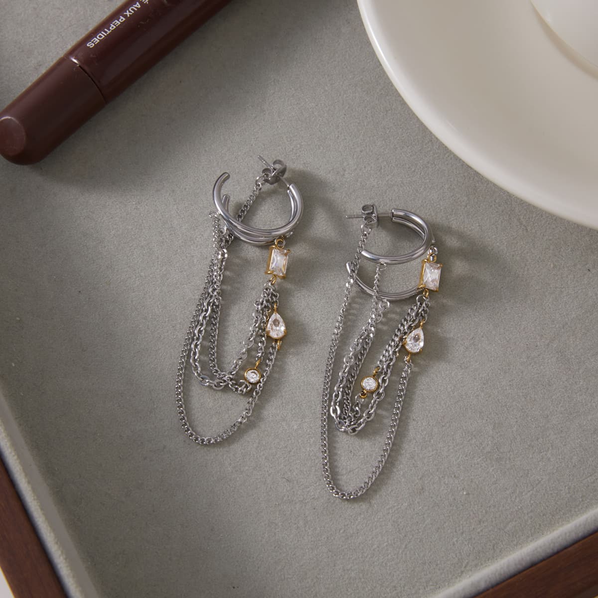 Crystal Chain Drop Earrings – Two-Tone