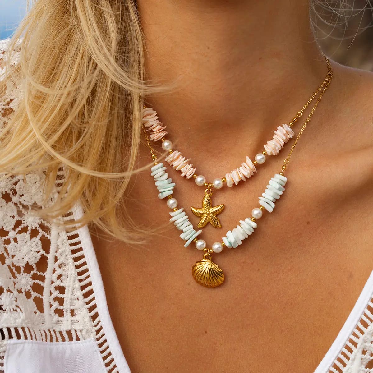 Blue Stone Shell Necklace