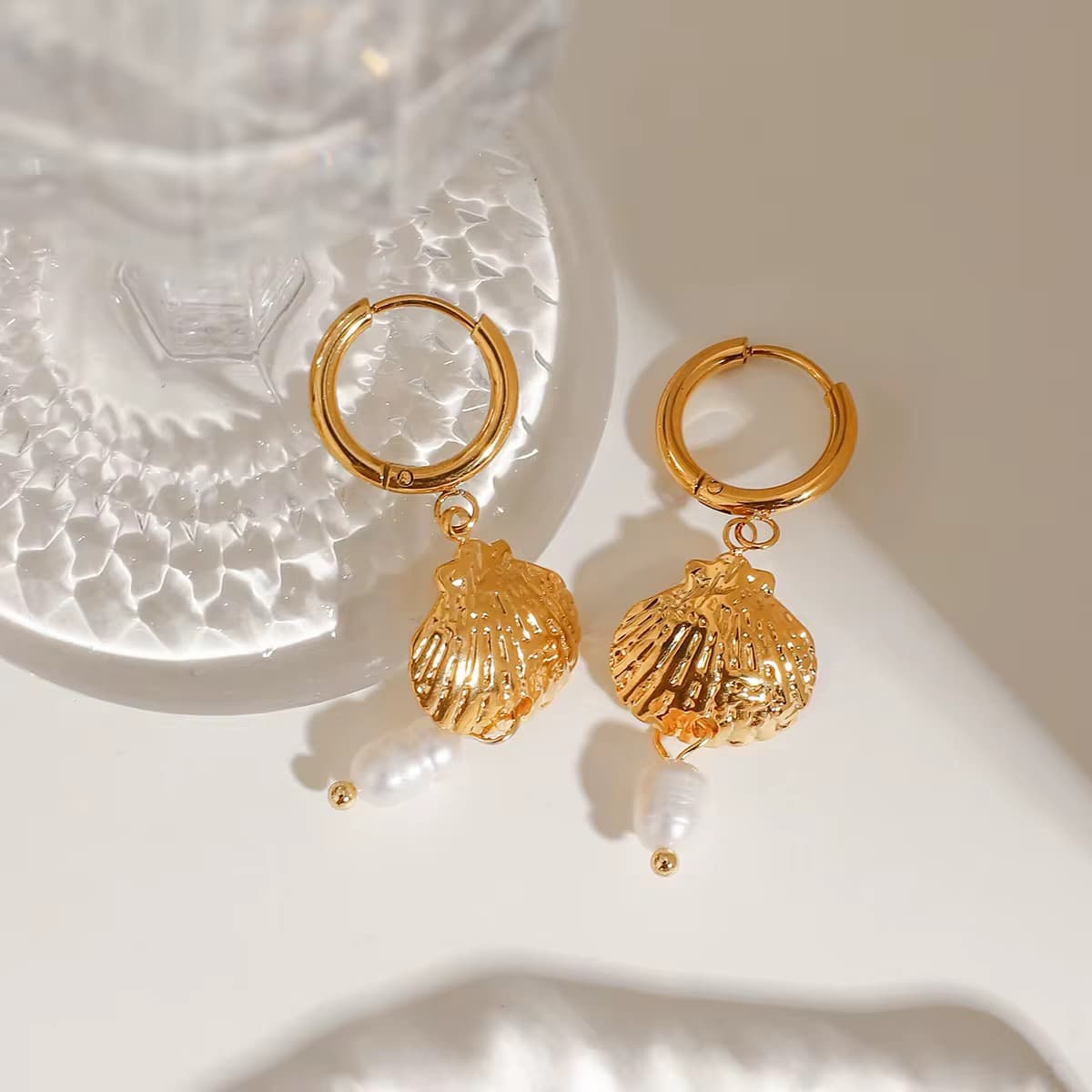 Seashell Freshwater Pearl Drop Earrings 