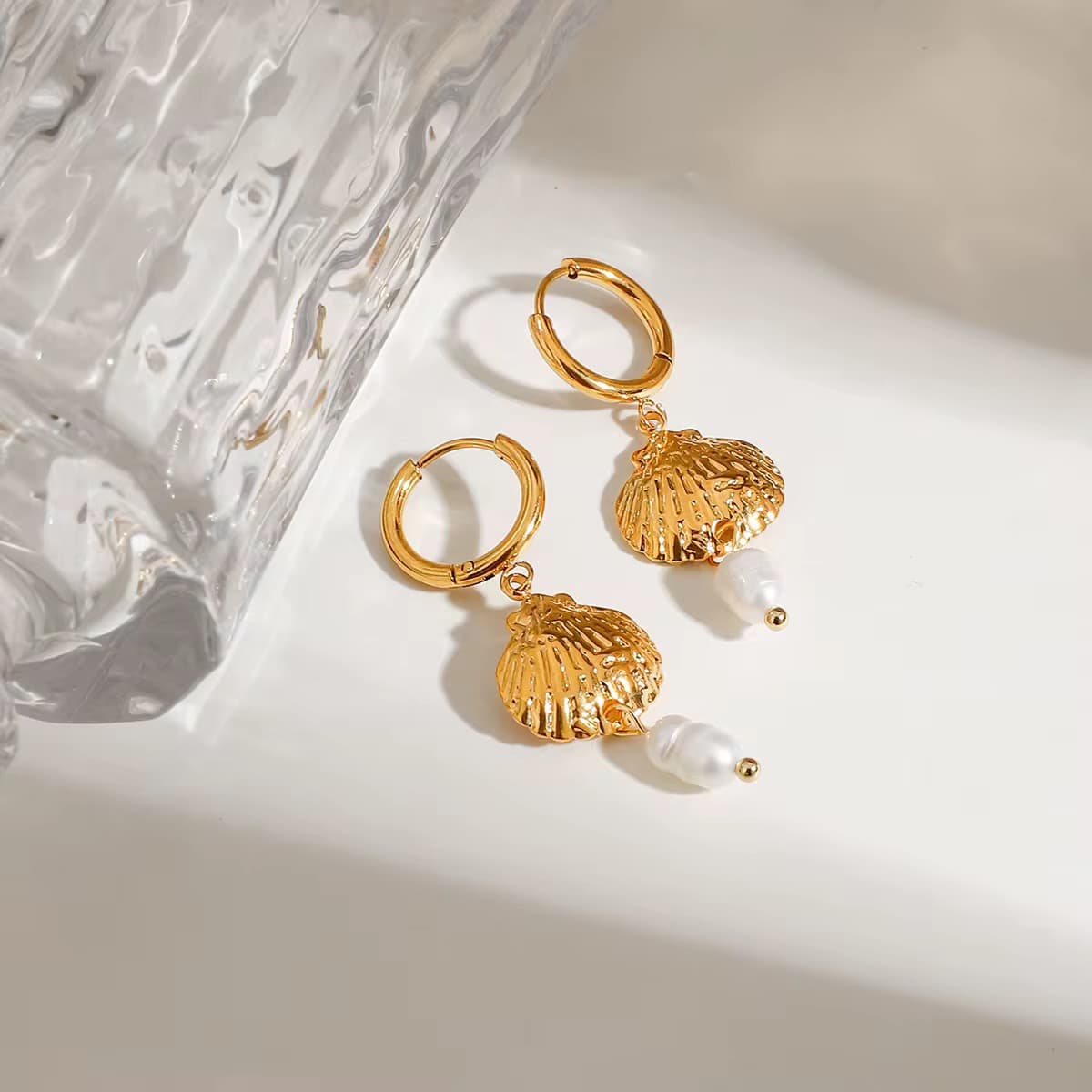 Seashell Freshwater Pearl Drop Earrings 