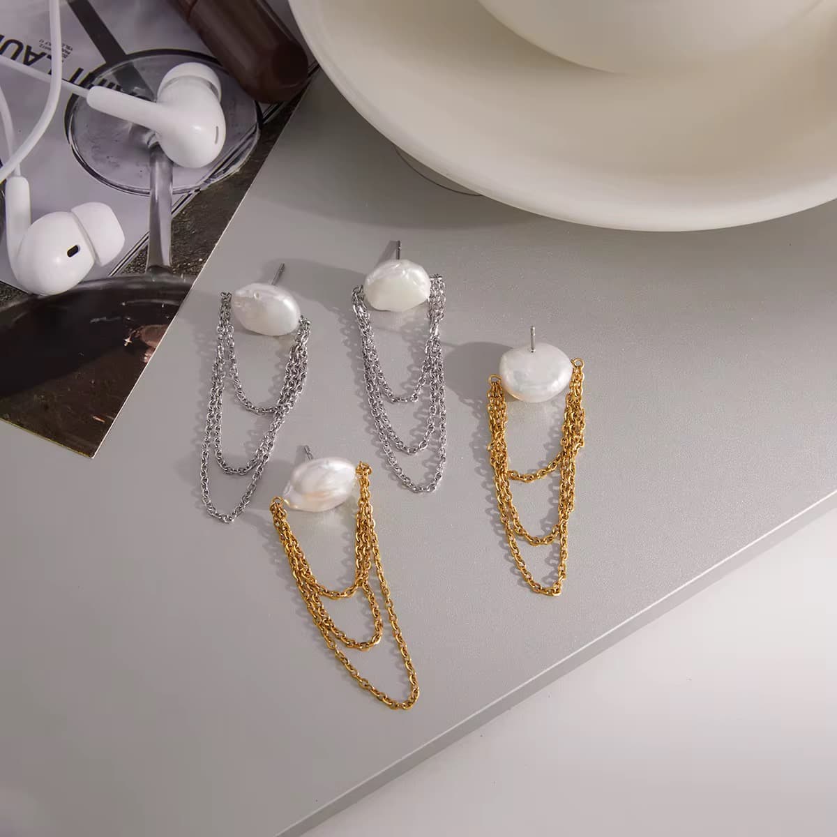 Freshwater Pearl Chain Earrings