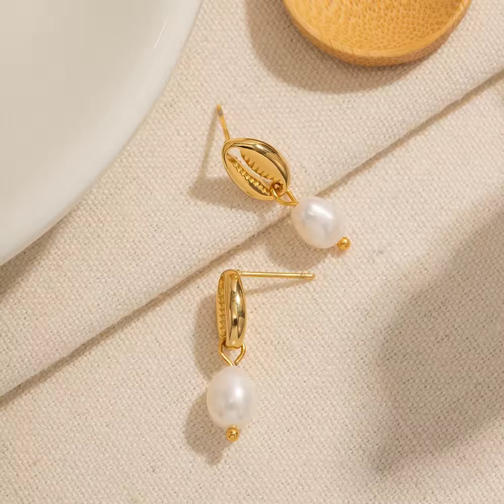 Cowrie Shell Pearl Drop Earrings 